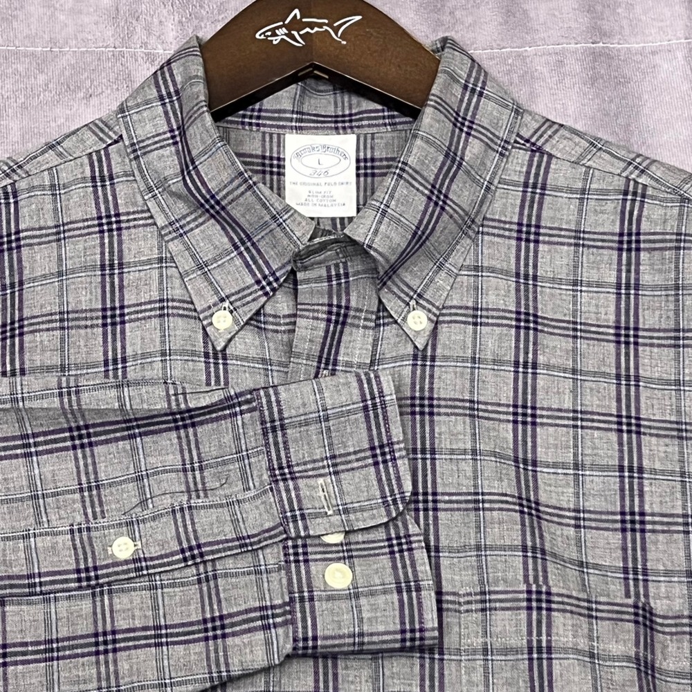 Brooks Brothers Button Down Shirt Mens Large Grey Purple Plaid Excellent L/S